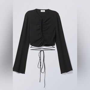 NWT WEEKDAY Cassie Wrap Blouse Long Sleeve Black Modern Contemporary, size XL
